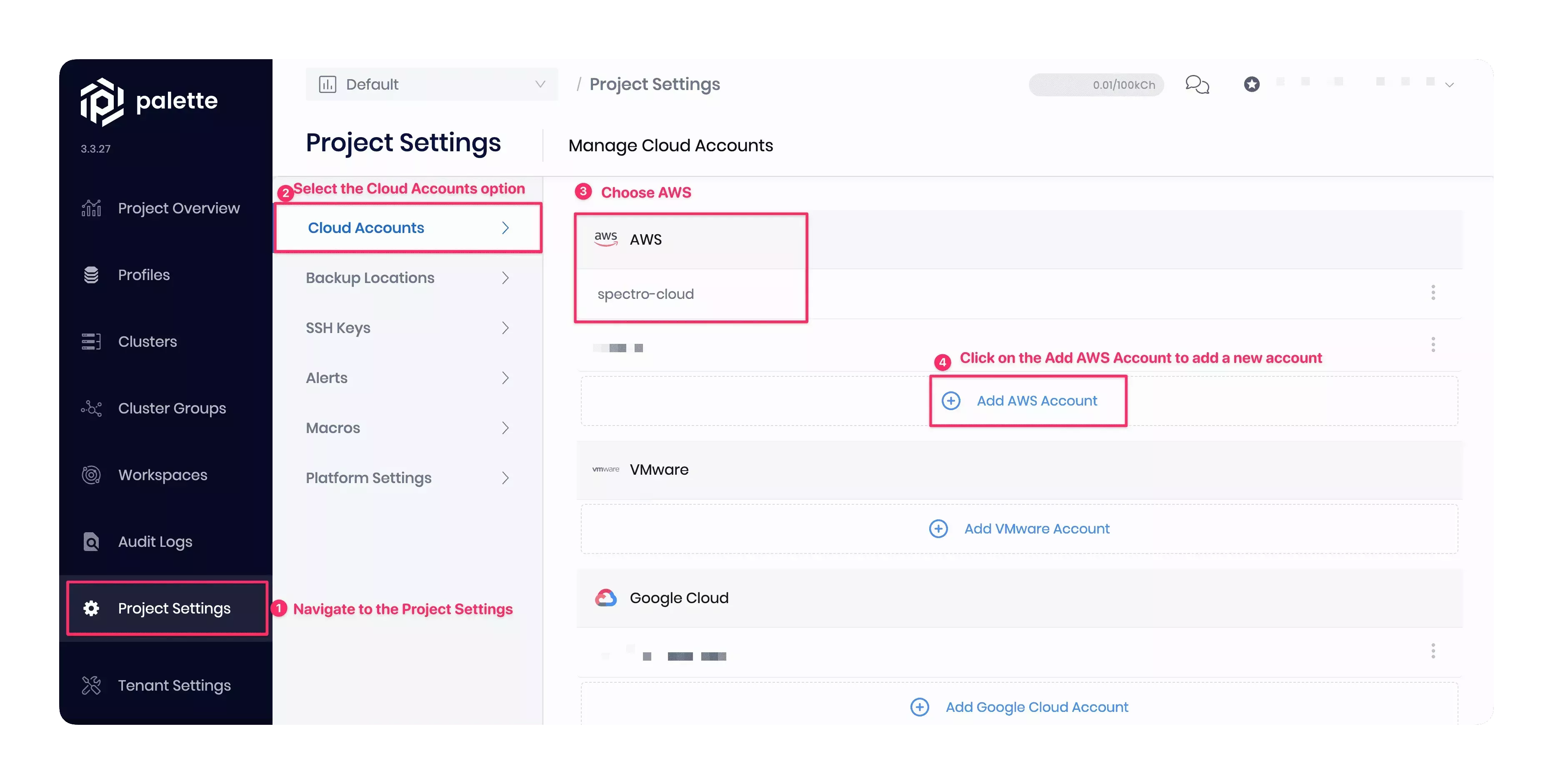 Screenshot of Cloud Accounts in Palette.